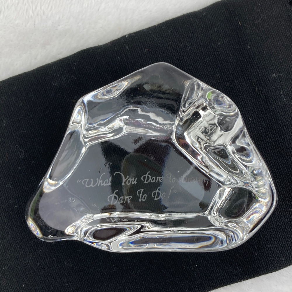 VTG Fostoria Glass Paper Weight Etched What You Dare To Dream, Dare To Do 4”x2”